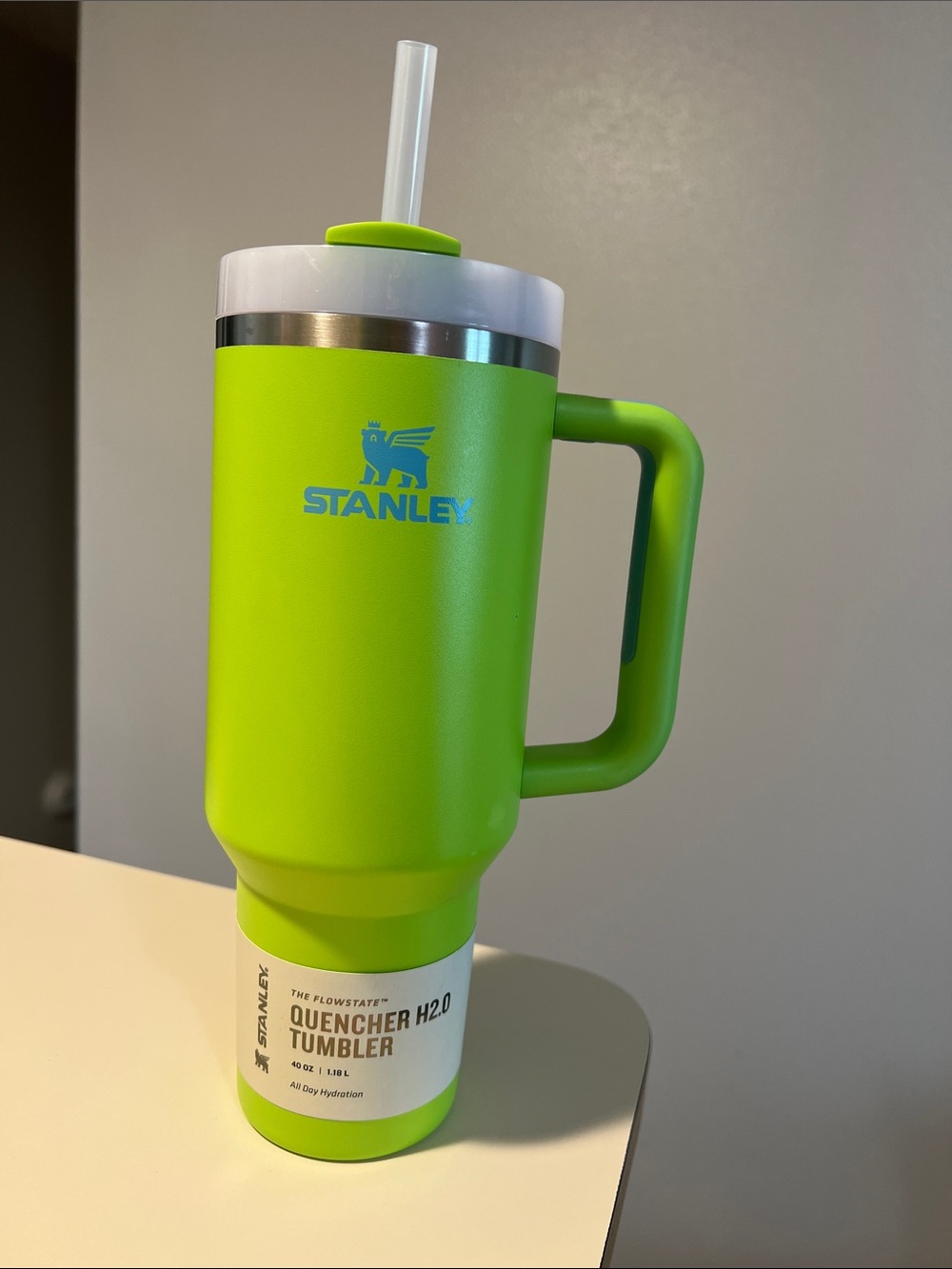 Stanley Quencher Tumbler in Lime Green with White Lid 40 ounce